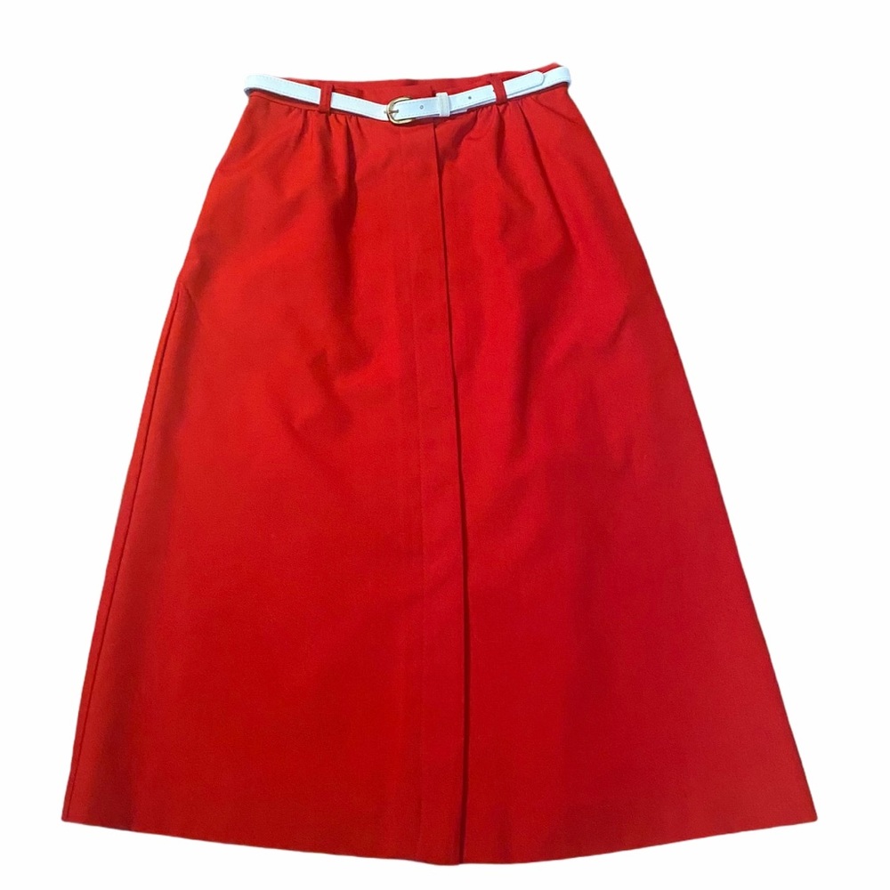 Vintage‎ 1970’s Union Made Red A Line Skirt w/ Slim White Belt, XS, 24” 25”